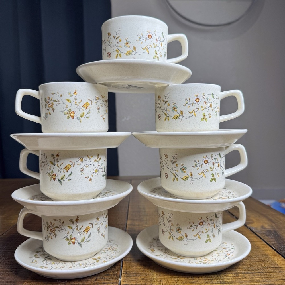 VTG Lenox Temper-Ware Merriment 7 Cups & Saucer Plates Floral Tea Coffee USA